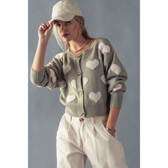 NEW Sage Green Fuzzy Hearts Long Sleeves Button Front Sweater Knit Crop Cardigan - Picture 5 of 11